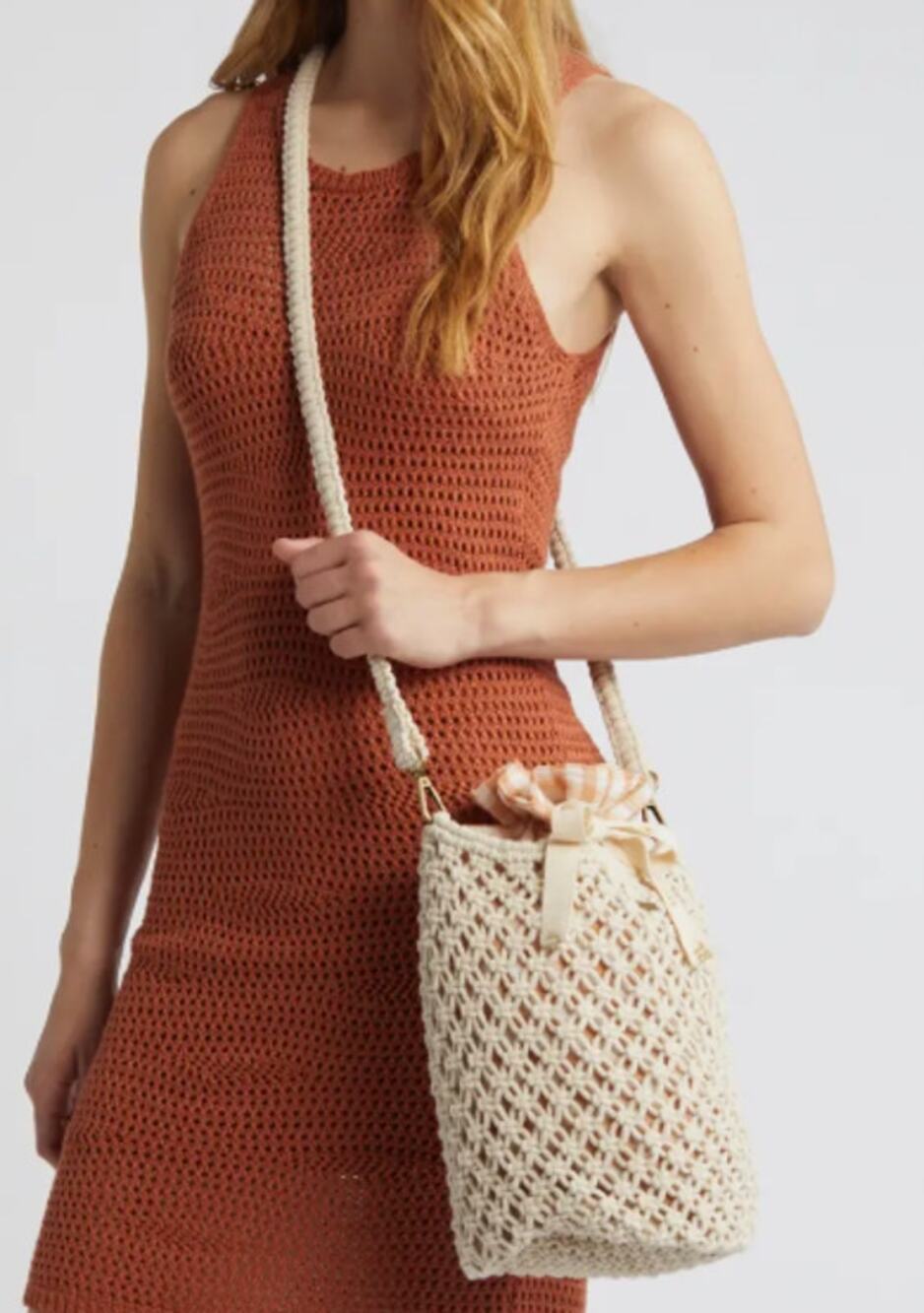 Rip Curl Premium Surf Crochet Bucket Bag Beige Gingham Lined Drawstring Tie NWT